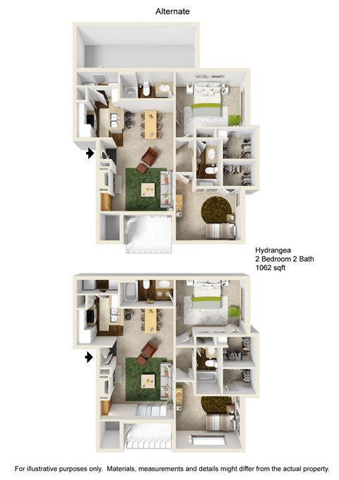 Floor plan for 2 beds, 2 baths, 1062 sqft